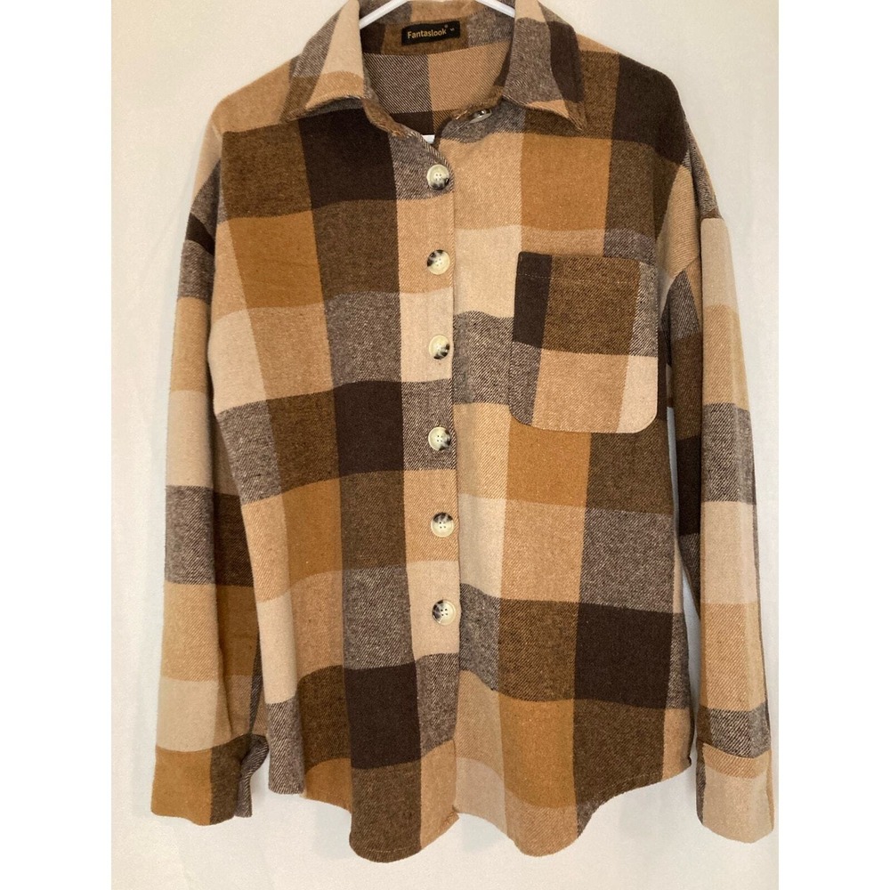 Fantaslook Plaid Flannel Shirt Jacket‎ Shacket Brown Beige Small Button Down